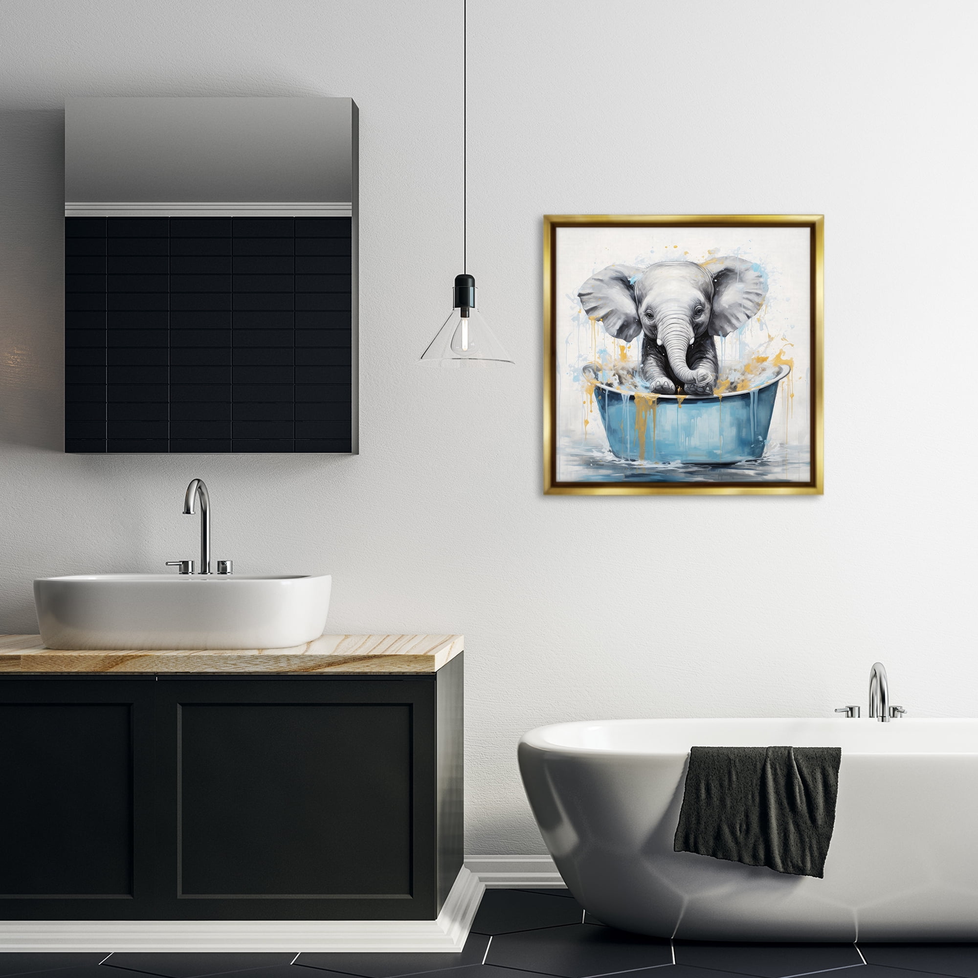 Stupell Industries Bathing Baby Elephant Typography Painting Gold Floater Framed Canvas Art Print Wall Art, 25 x 25