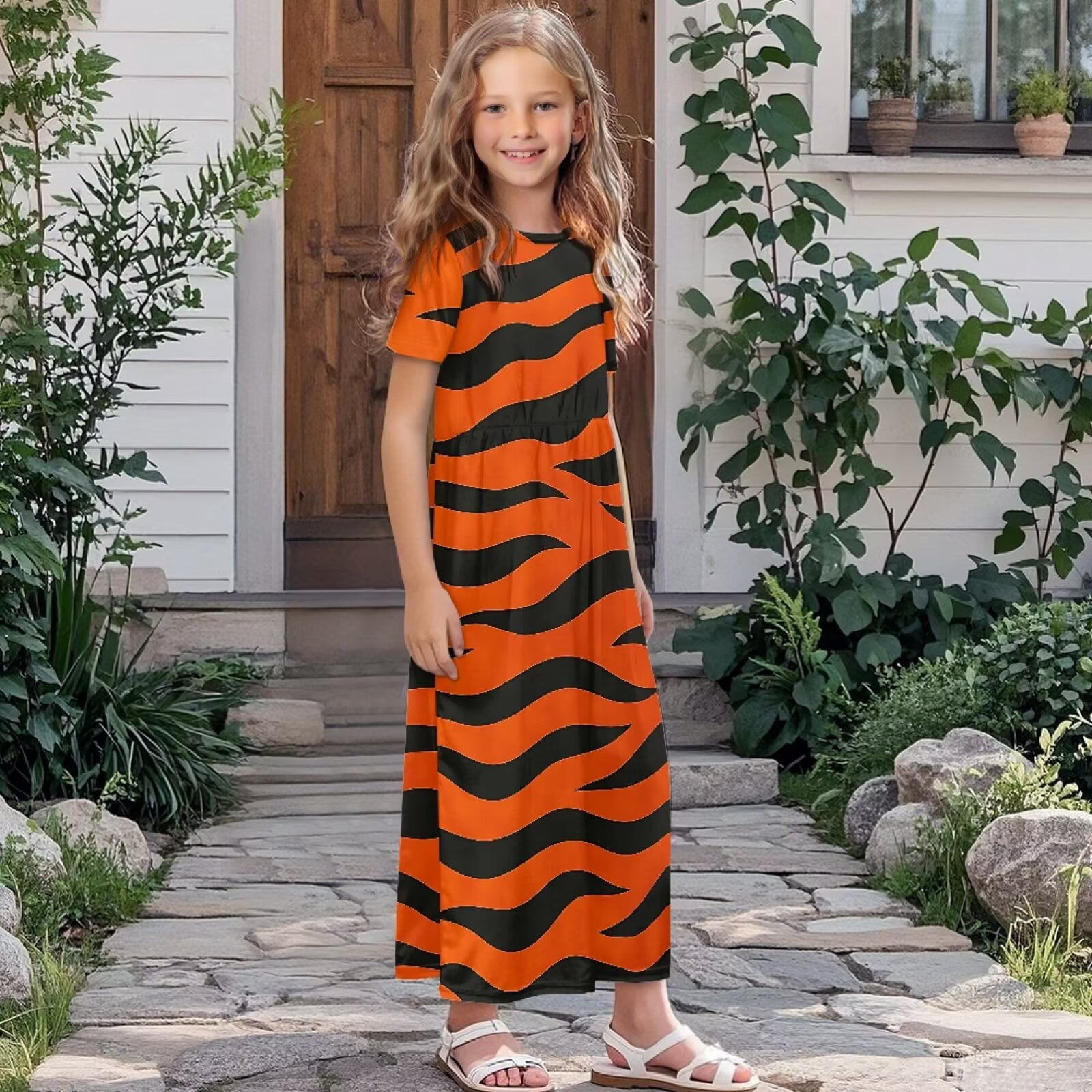 Uourmeti Girls Casual Dresses Swing Tiger Stripes Printed Short Sleeve Loose Maxi Dresses for Birthday Party, Kindergarten, Daily Wear, Size 7-8 Years