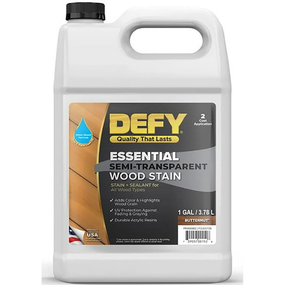 DEFY Essential Semi Transparent Exterior Deck Stain and Sealer - One Day Deck Stain & Fence Stain - Butternut, 1 Gallon