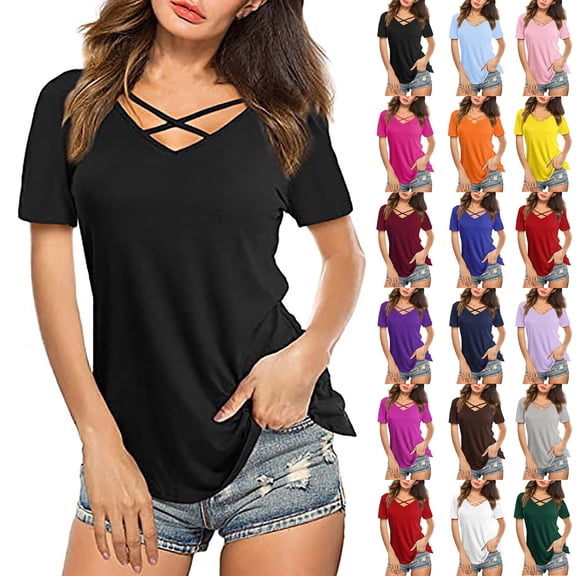 Womens V Neck Short Sleeve Tee Summer Basic Comfortable Soft Everyday Top