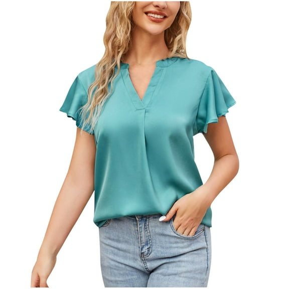 Fesfesfes Blouse Fashion Women's Summer V-Neck Ruffle Short Sleeve Solid Casual Blouses Tops Workout Short Sleeve 4(S)