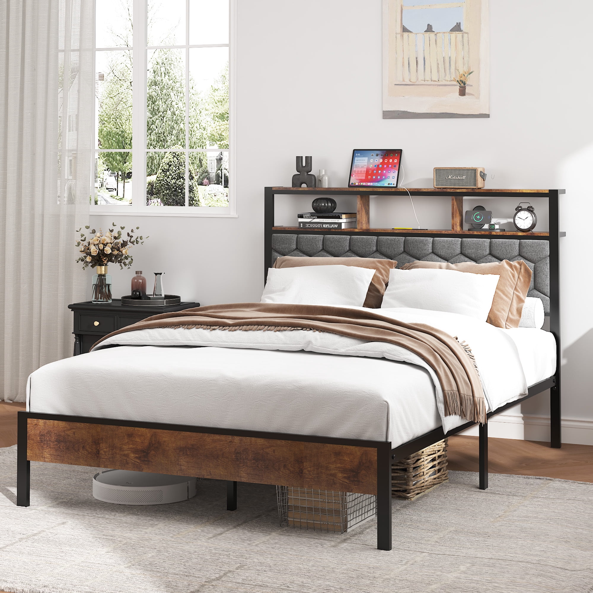 Leumius Full Size Bed Frame with Upholstered Headboard, Industrial Style Platform Bed Frame with 2 USB Ports and Storage Shelf, Brown