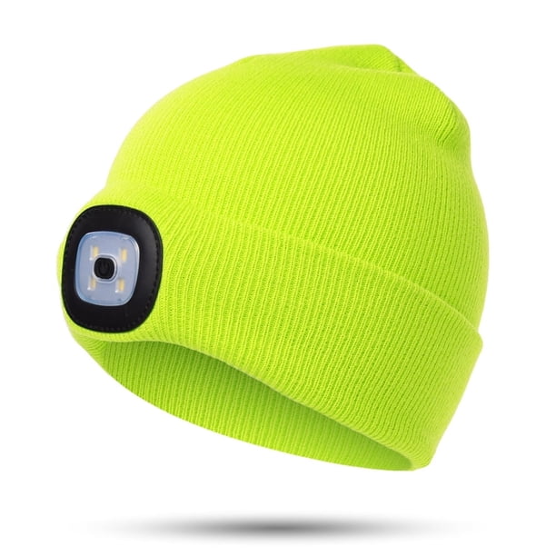 Gorro con luz LED para niños, regalo para niños y niñas, de invierno, suave, cálido, con luz, recargable por USB, 4 LED de alto brillo (amarillo fluorescente).