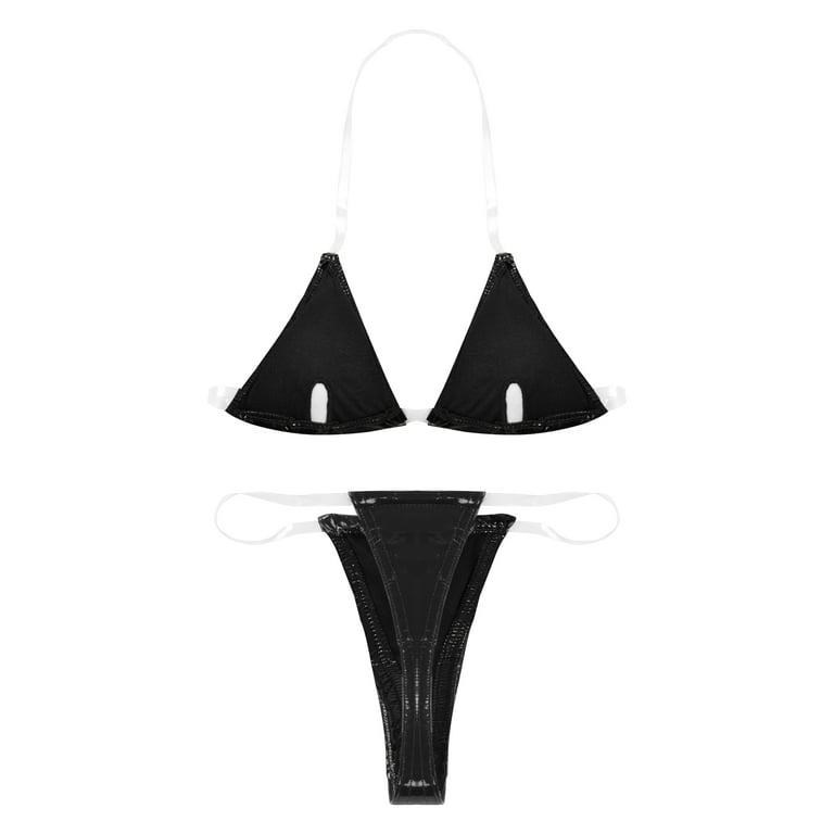 CHICTRY Womens Clear Straps Bikini Set Patent Leather Bikinis Halter Bra  with G-string 
