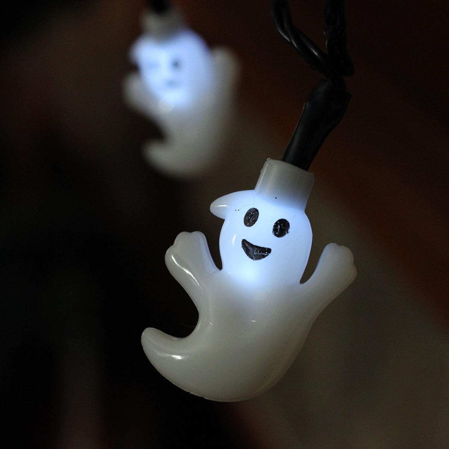 Set of 10 White Ghost LED Novelty Halloween Lights Black Wire