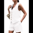 thumbnail image 3 of Conjuntos de Verano de 2 Piezas para Mujer, Sin Mangas, con Cuello en V, Abotonado, Chaleco y Pantalones Cortos con Bolsillos. XXL, 3 of 9