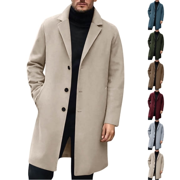 qucoqpe Men's Trendy Wool Trench Coat Mid-Length Lapel Single Breasted Overcoat Classic Long Sleeve Buttons Fall Winter Casual Jacket