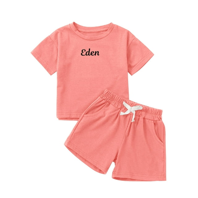 DIY Embroidery Set for Children's Names Summer Small and Medium Sized Children's Set Girls' Set Children's Short Sleeved Shorts Solid Color Personalization (6M 6Y) Fall Clothes Toddler Boy Track Suit
