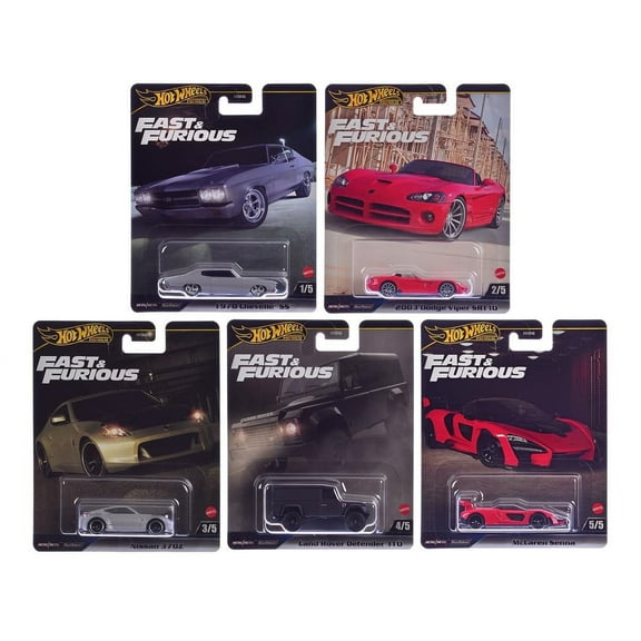 Hot Wheels Fast & Furious Premium Die-Cast Cars Collection, 5-Pack Set, 1970 Chevelle SS, Dodge Viper, Nissan 370Z, Land Rover Defender, McLaren Senna HNW46-956J