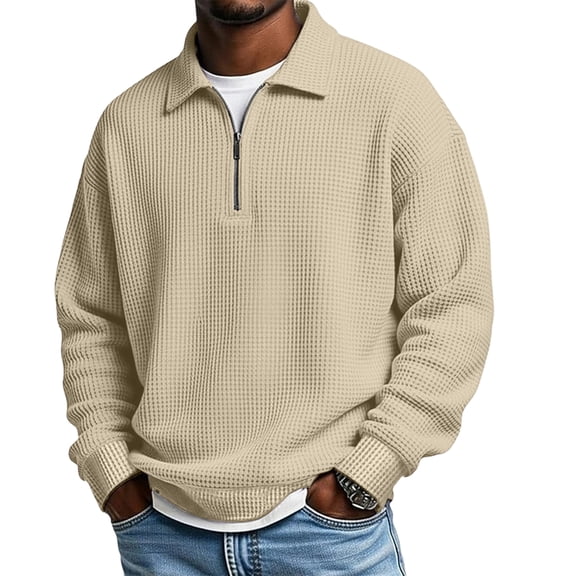 Men's Half Zip Waffle Knit Pullover Solid Long Sleeve Casual Business Sweatshirt Sweater Top