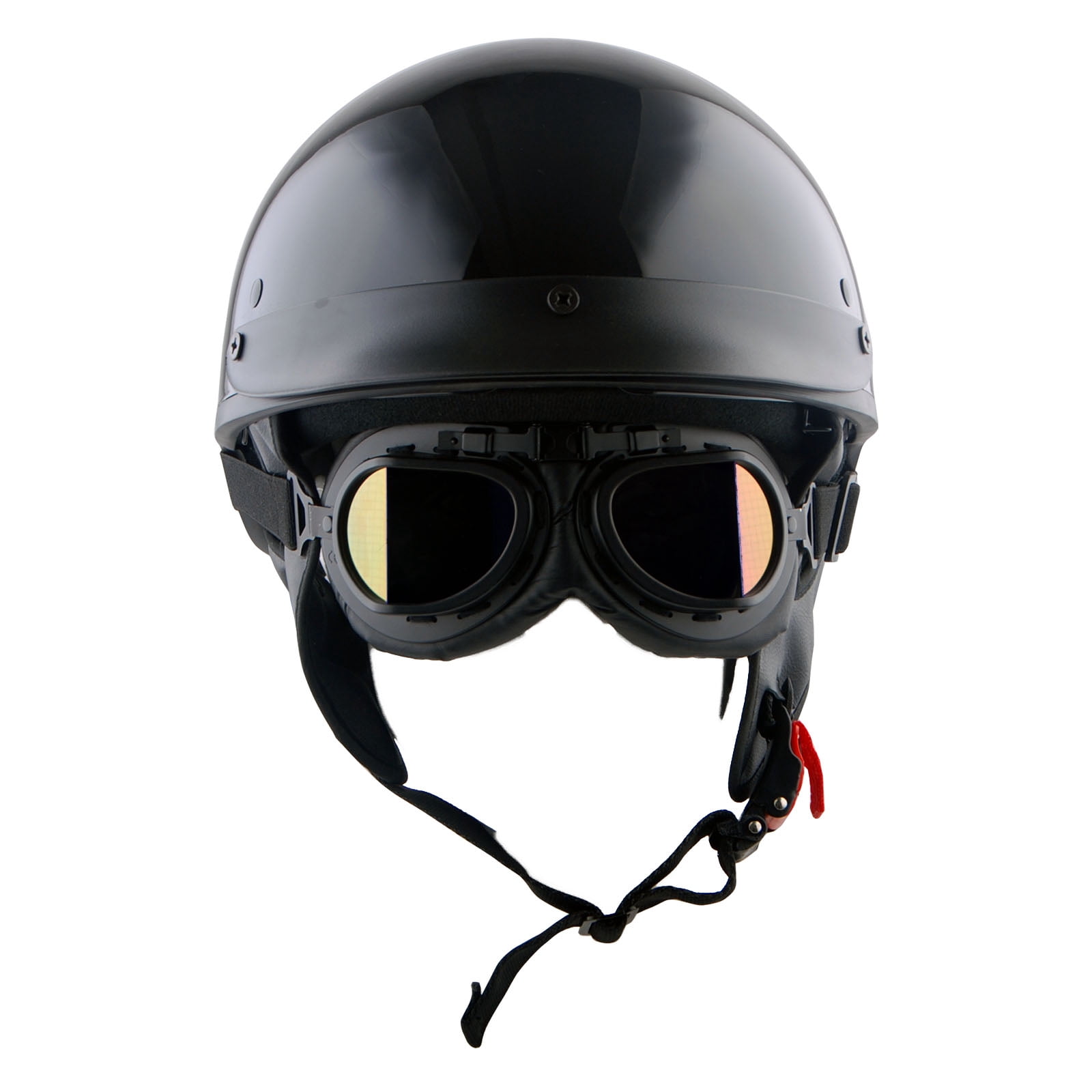1Storm Motorcycle Half Face Helmet HKY205V Mopeds Scooter Pilot with retractable Inner Smoked Visor, Glossy Black + T008 Black Tinted Goggle Bundle