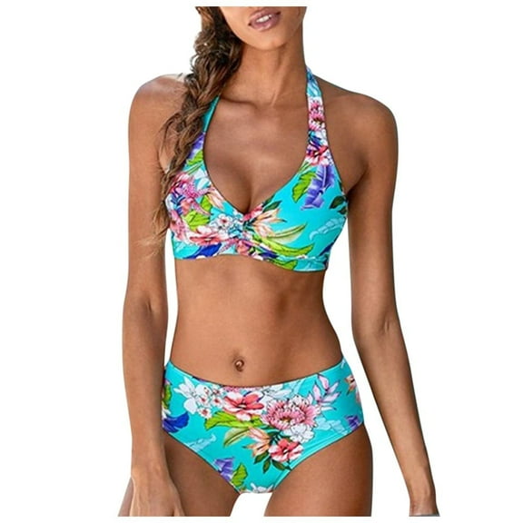 DOPI Women Push Up Splice Vintage Print Two Pieces Bikini Swimwear Swimsuit Beach Set