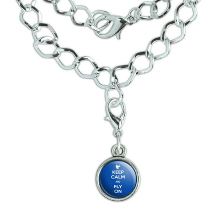 - Keep Calm And Fly On Airplane Silver Plated Bracelet with Antiqued Charm