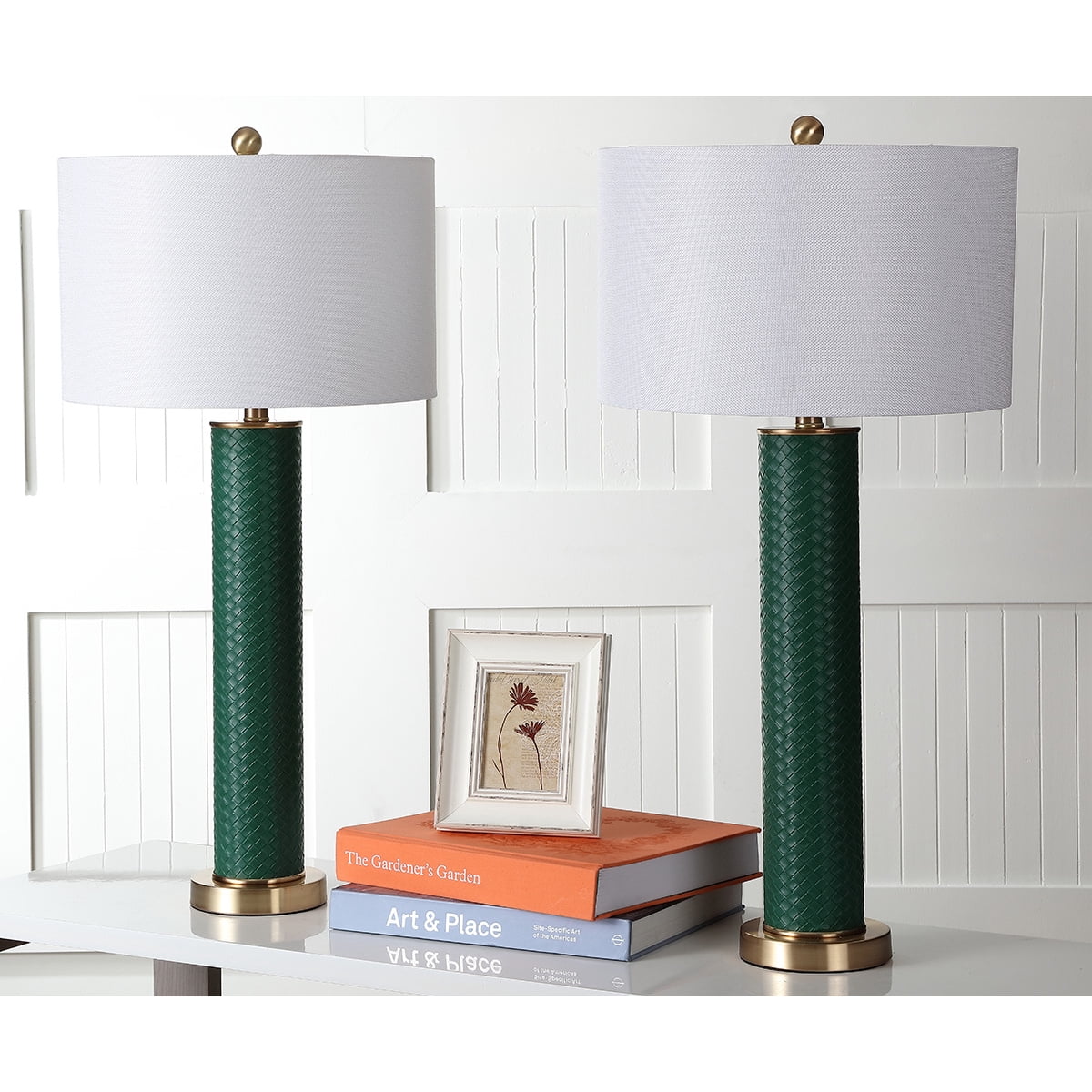 SAFAVIEH Ollie 31.5 in. H Faux Column Table Lamp, Dark Green Faux Woven Leather, Set of 2
