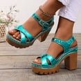 thumbnail image 4 of Rokment Womens Glitter Metallic Platform Chunky Block High Heels Dress Sandals Trendy Casual Comfortable Leather Orthopedic Dressy Pumps Walking Summer Shoes Sky Blue Size 8, 4 of 6
