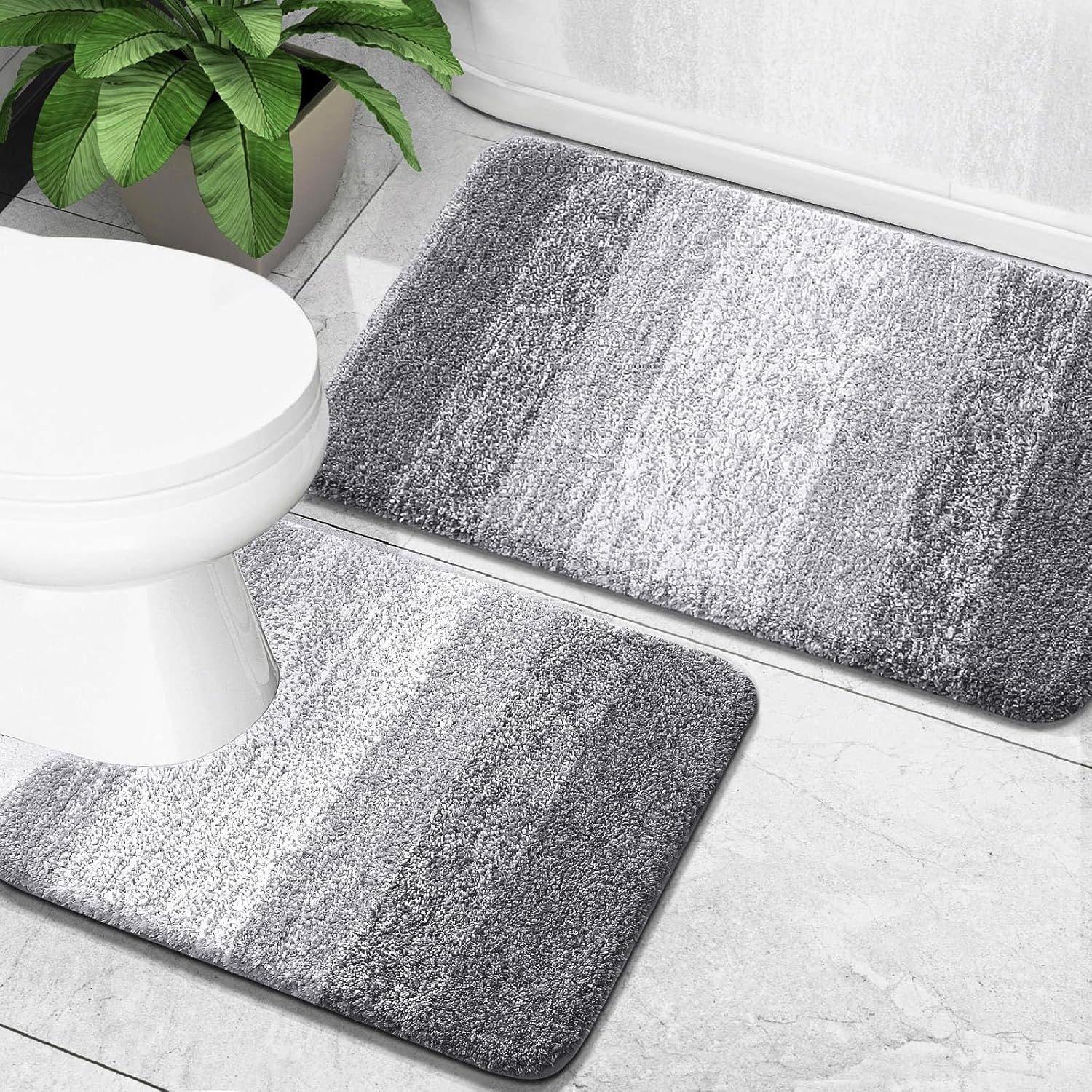 Evlmd Bathroom Rugs Sets 2 Piece, Soft Absorbent Microfiber Bath Rug Set, Non-Slip, Machine Wash Dry, Plush Shaggy Bath Mats for Bathroom (24"x16"+U-24"x20", Grey)