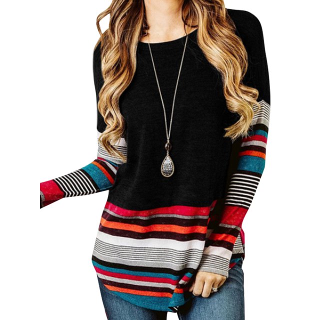 MAWCLOS Ladies Irregular Hem Color Block Pullover Loungewear Long Sleeve Tee Black XXXL