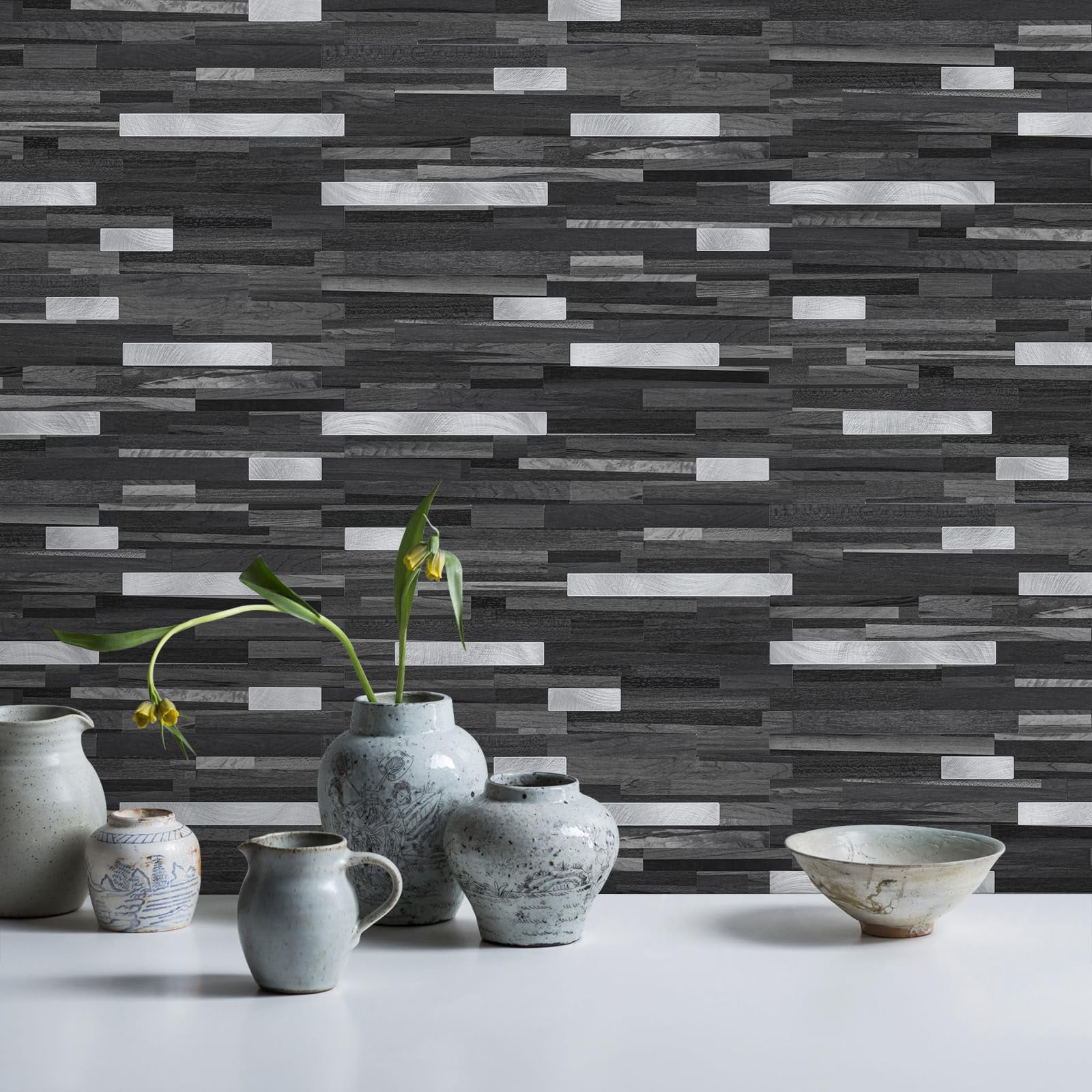 2 Sheets Peel And Stick Backsplash Tile  On For Kitchen Bathroom Black Grey Wood Look Pvc Mixed Metal Self Adhesive Wall Tiles