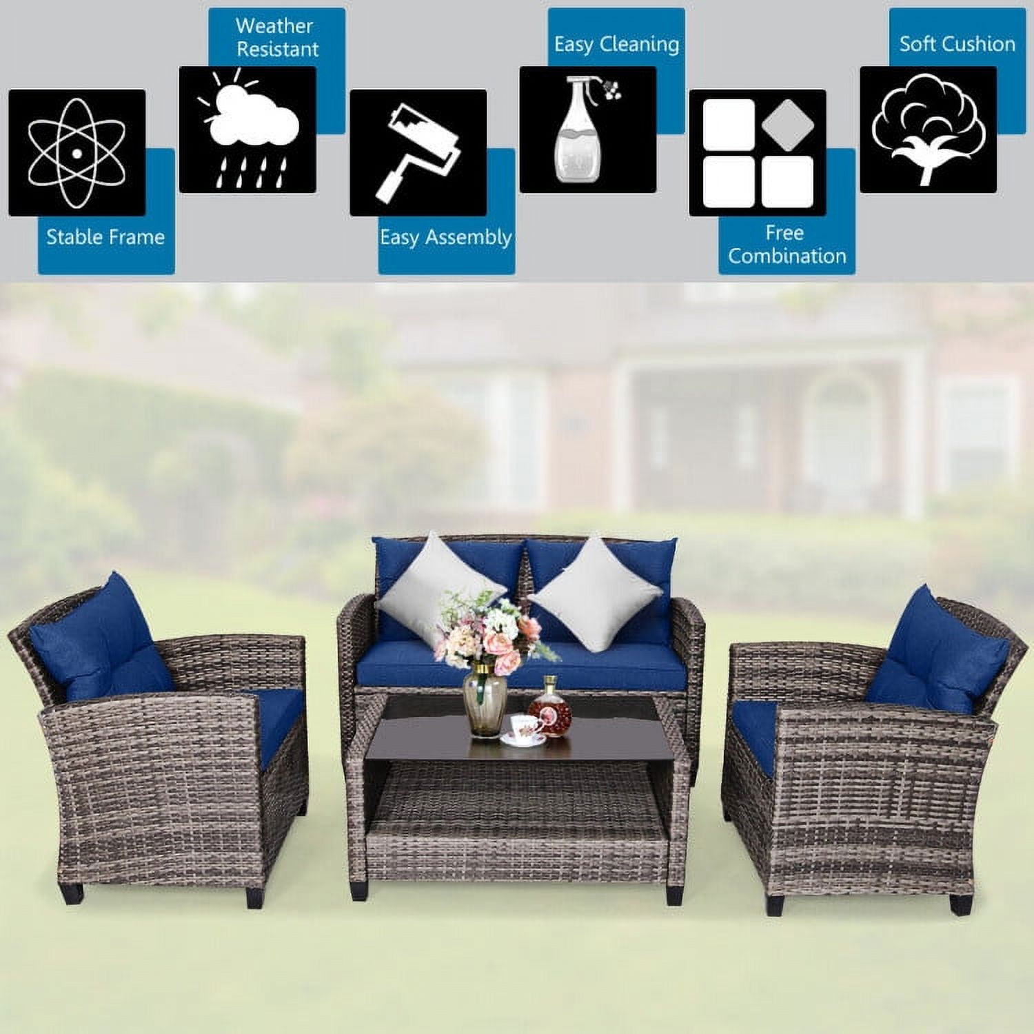 Aimee Lii 4 Pieces Wicker Patio Furniture Set, Coffee Table Cushioned Sofa, Modern Patio Furniture, Gray + Navy Aimee Lii 4 Pieces Wicker Patio Furniture Set, Coffee Table Cushioned Sofa, Modern Patio Furniture, Gray + Navy