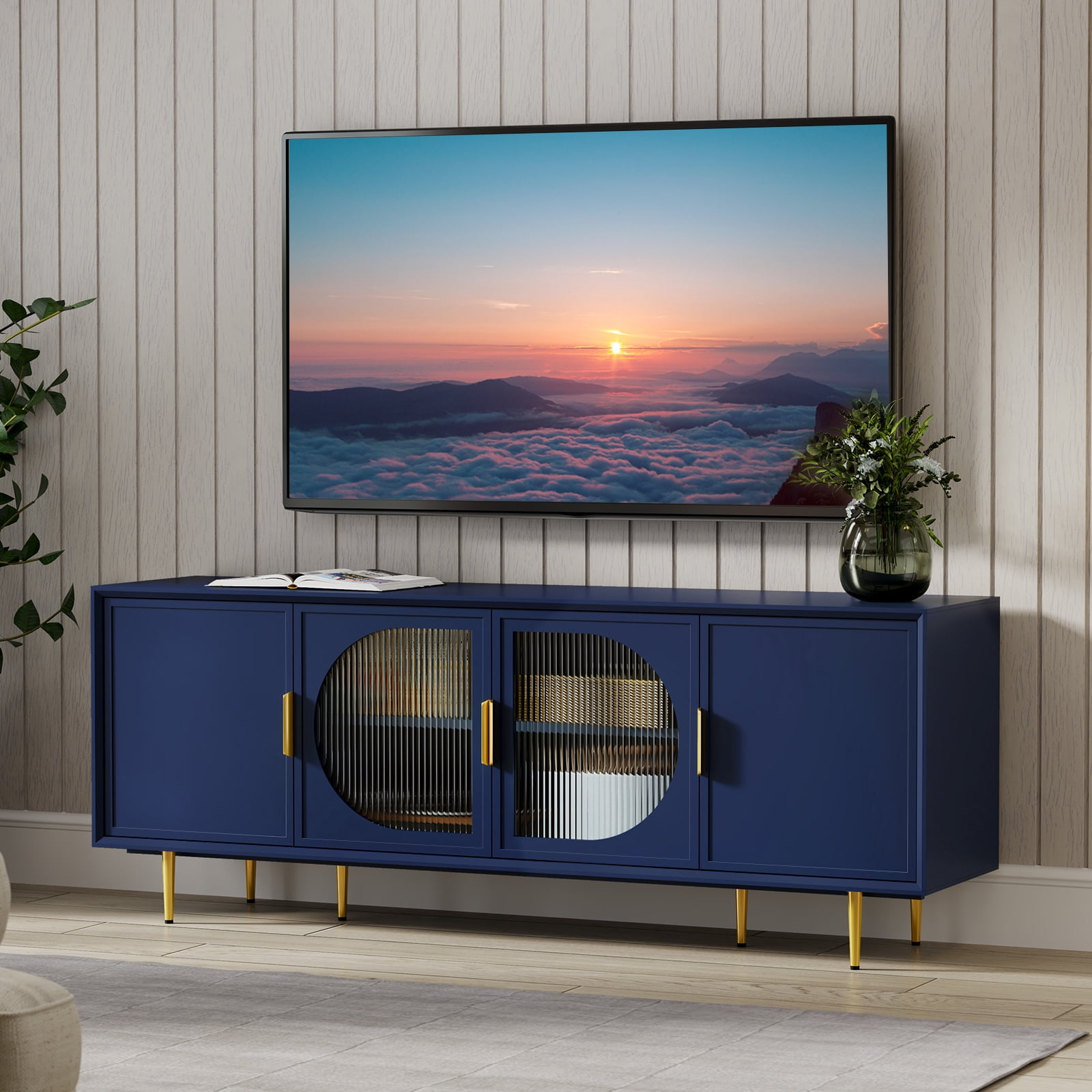 HLR Modern 66" TV Stand, for TVs up to 75", Living Room Entertainment Center with Glass Storage Cabinet, Blue