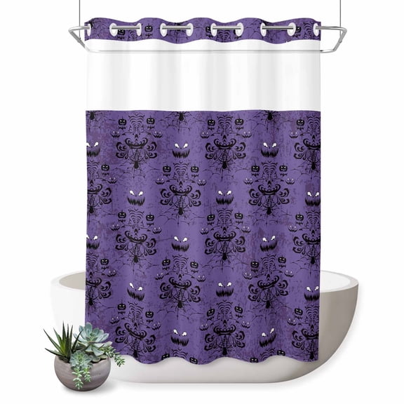 No Hook Shower Curtain with Built-in Rings - Purple Spooky Haunted House Washable Waterproof Fabric Bathroom Curtains for Hotel,Rentals, 72 X 84 Inch Extra Long , Halloween Pumpkins Grimace