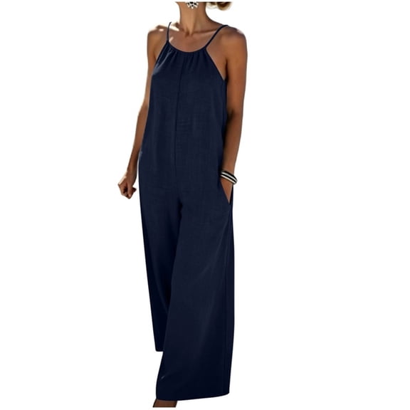 Womens Sleeveless Linen Jumpsuits Spaghetti Strap Wide Leg Jumpsuit Beach Vacation One Piece Overalls Navy, XL