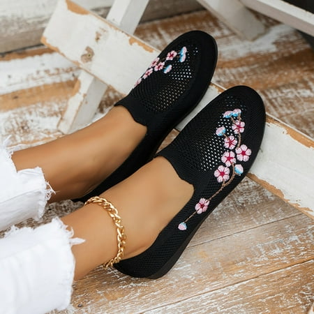 

Cathalem Women Shoes Wide Width Casual Ladies Fashion Embroidery Breathable Knitting Comfortable Flat Casual Shoes Shoes Black 7.5