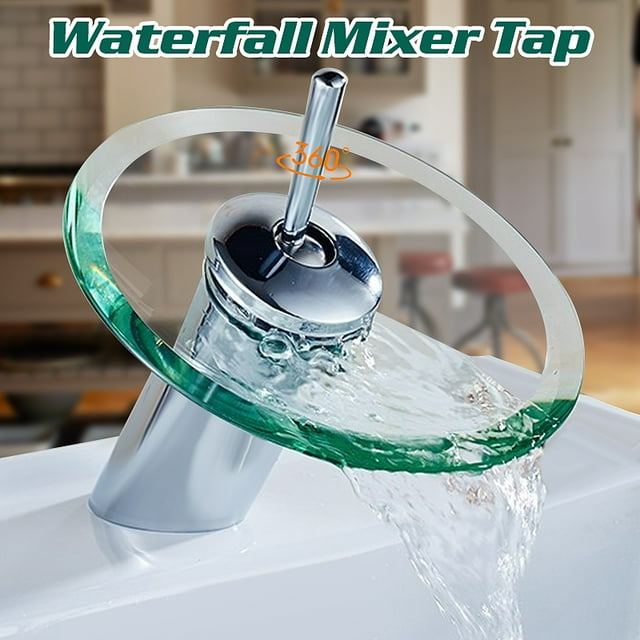 waterfall tap Glass Basin Sink Faucet Waterfall Bathroom Copper Glass Mixer Polished Chrome Bath