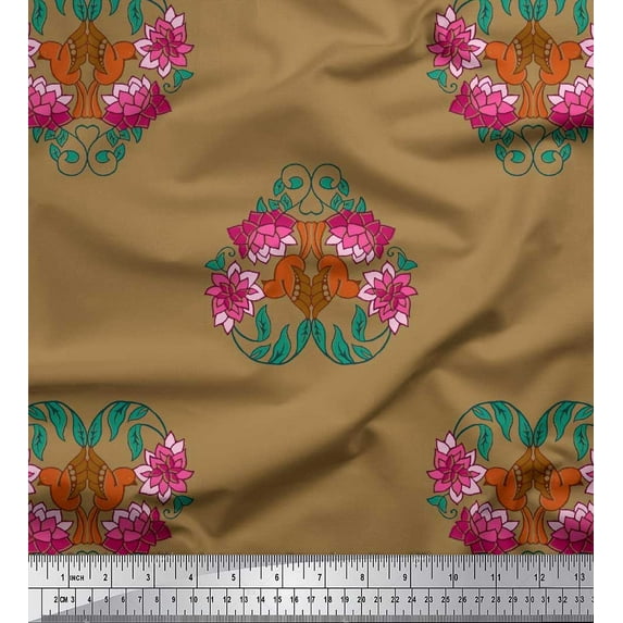 Soimoi Japan Crepe Satin Fabric Leaves,Bird & Lotus Block Printed Craft Fabric by The Yard 42 Inch Wide