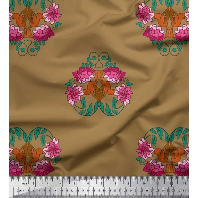 Soimoi Poly Georgette Fabric Leaves,Bird & Lotus Block Printed Fabric 1 Yard 52 Inch Wide