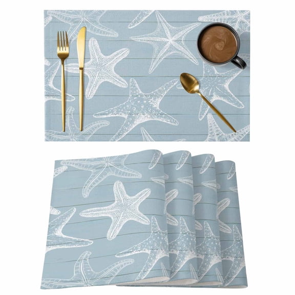Blue White Starfish Placemats Set of 4, Coastal Ocean Summer Sea Nautical Placemats for Dining Table, Place Mats for Kitchen Tabletop, Waterproof Wipeable Dining Table Mats Set