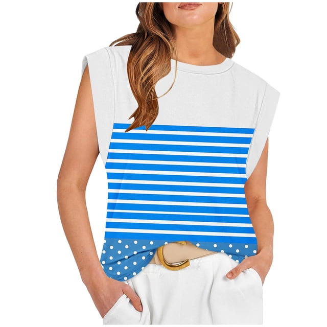 Scyoekwg Débardeurs Décontractés pour Femmes Débardeurs à Col Rond Hauts Sans Manches Hauts pour Dames Camisoles T-Shirts à Rayures Patchwork T-Shirt Graphique Ample Blouses Décontractées d'Été (Bleu Clair, TG)