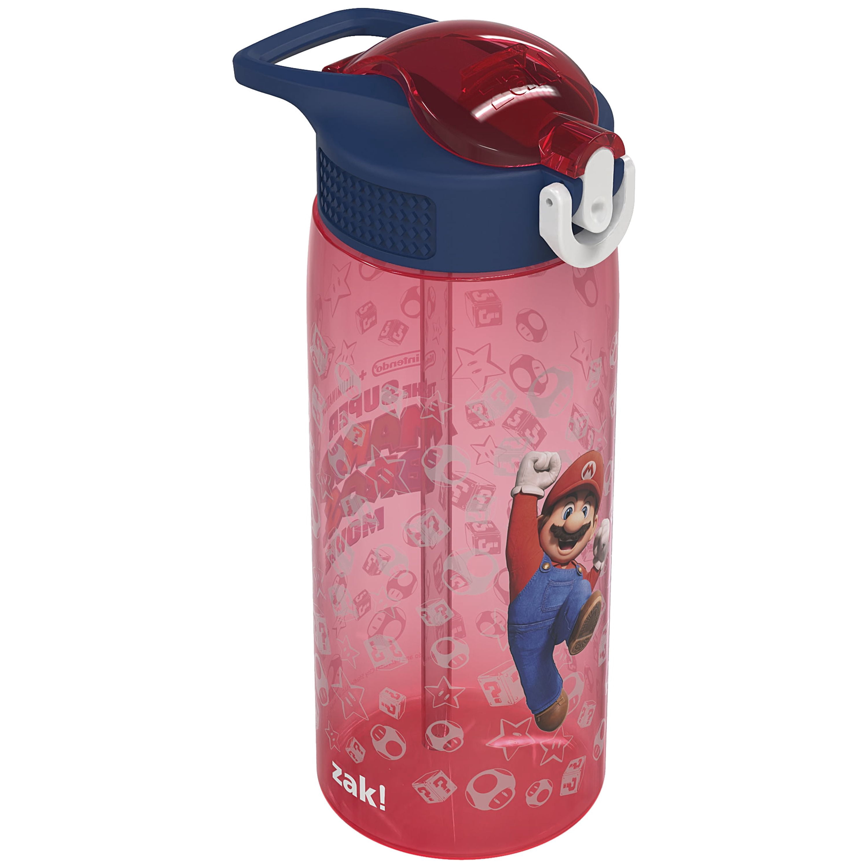 Zak Designs 25oz Mario Kids Straw Water Bottle, Durable Plastic Park Bottle with Easy-Open Locking Spout Cover for Travel, Built in Carry Handle
