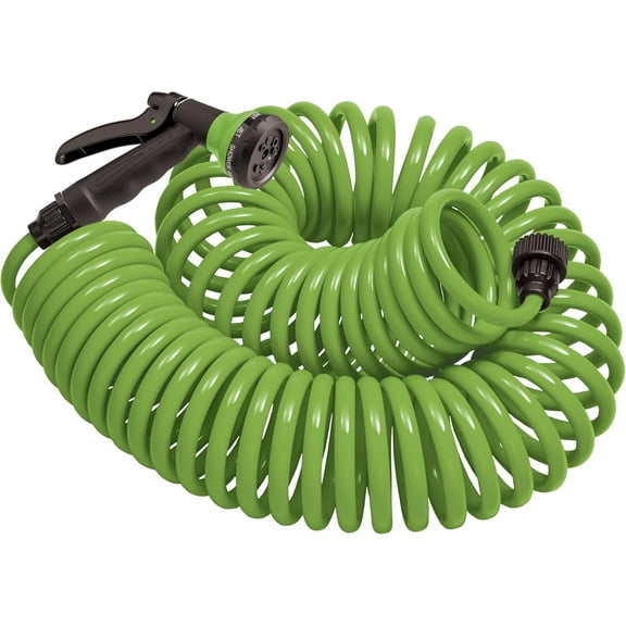 Coil Garden Hose, 25 Feet, with 8-Pattern Hose Nozzle (Green)