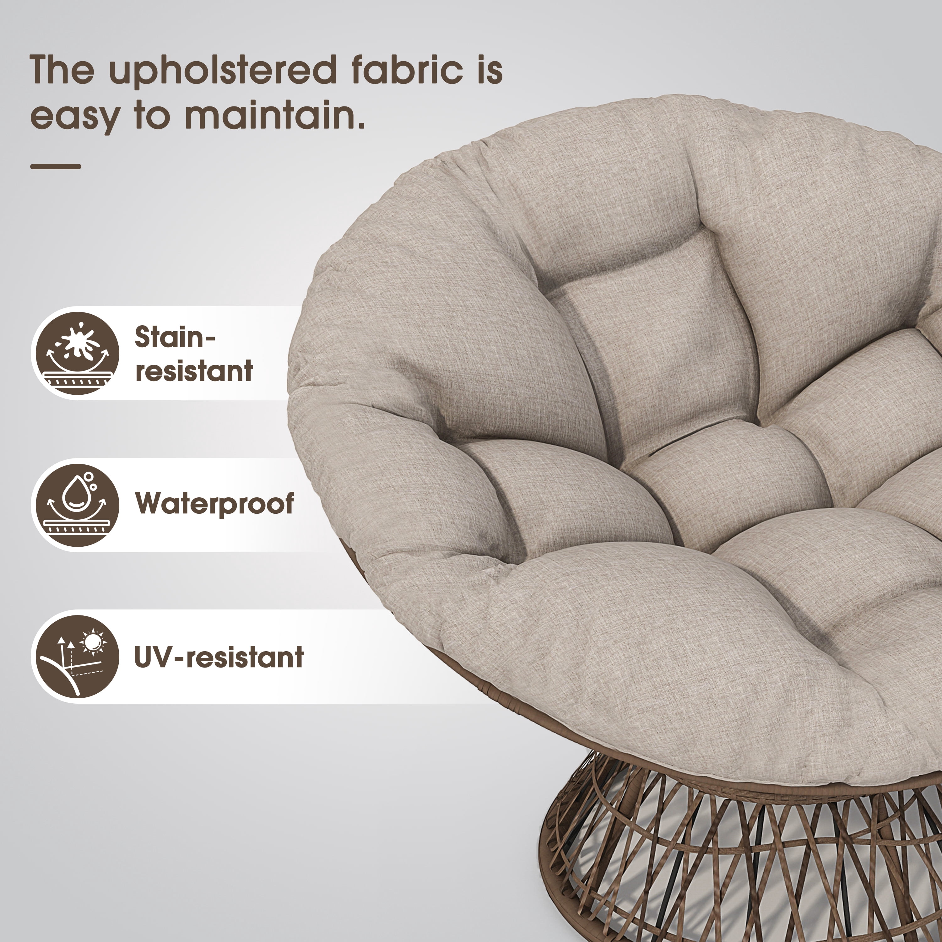 Swivel Papasan Chair, Wicker Chair, Ergonomic Chair with 360 Degree Rotation, Adjustable Feet and Ultra-Thick Waterproof Cushion for Living Room Bedroom, 41.5 Inch, Brown Cushion
