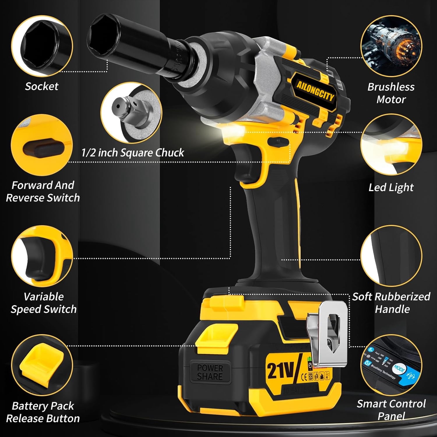 800N.m Cordless Impact Wrench, 600Ft-lbs 1/2 inch Electric Impact Gun, High Torque Brushless Impact Wrench w/ 2x 4.0Ah Battery, Fast Charger & 5 Sockets for Car Lawn Mower