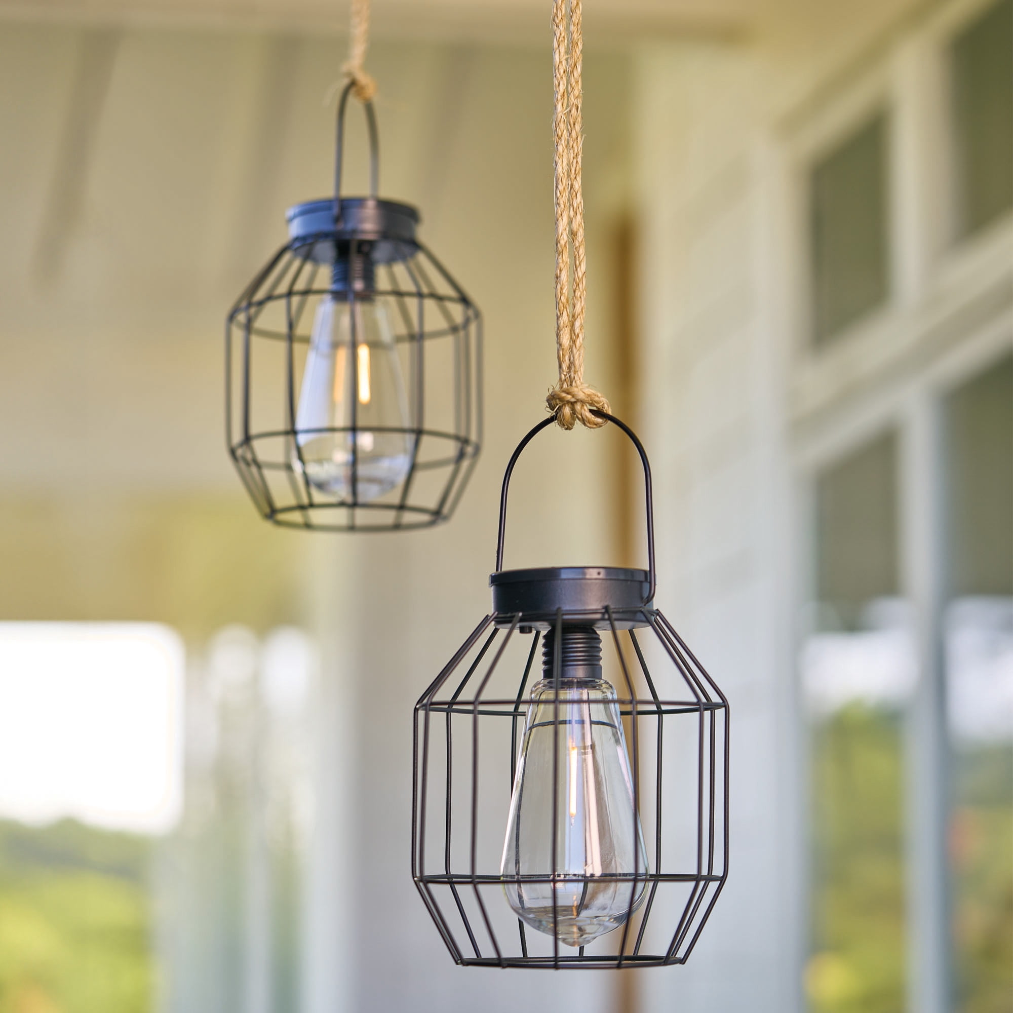 (2 pack) Better Homes & Gardens Solar Powered Warm White LED Outdoor Pendant Light, Black