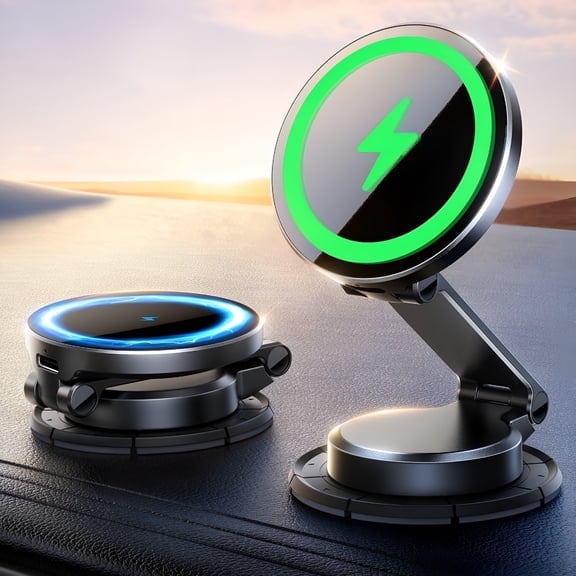 RIONIMA Car Mount for Magsafe, 15W Wireless Fast Charging Magnetic Phone Holder for Car, All Metal 360 Rotation Dashboard Car Phone Holder for Iphone 17 16 15 14 13 12 Pro Max, Black