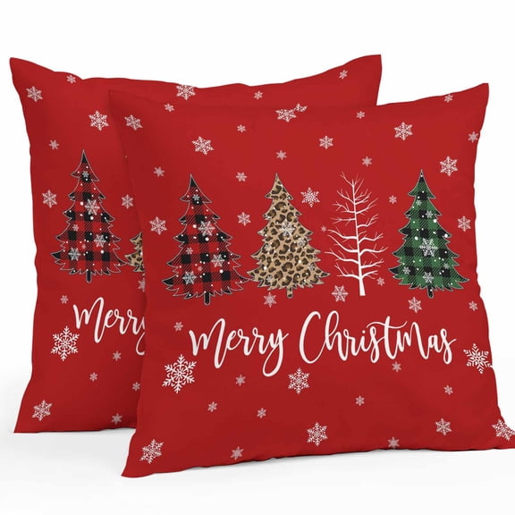 Outdoor Throw Pillows Covers 18X18 Set of 2 Waterproof Merry Christmas Vintage Decorative Zippered Cushion Covers for Patio Furniture, Christmas Tree Leopard Print Lumbar Pillowcases Red Snow