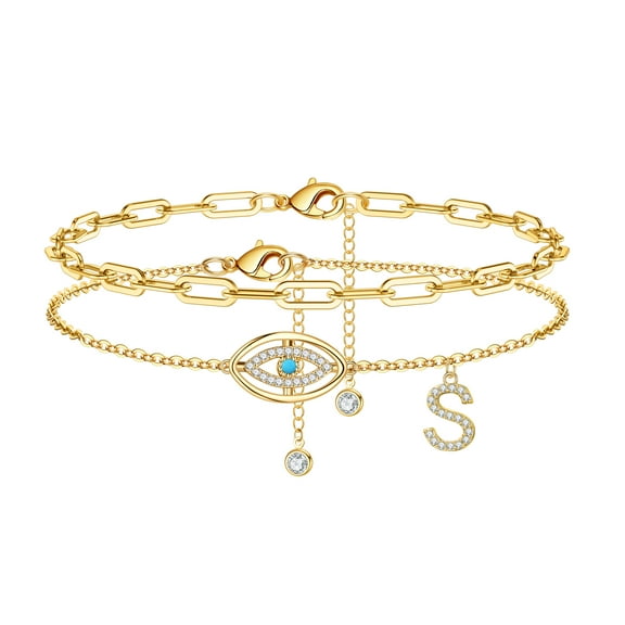 TINGN Evil Eye Ankle Bracelets For Women 14K Gold Plated Layered Anklet Letter A-Z Gold Anklets for Women Foot Jewelry Gifts
