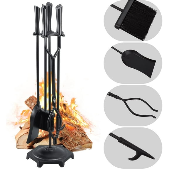 Fireplace Tools Set 5 Pieces Modern 32 Inch Outdoor Wrought Iron Fireplace Accessories Set with Log Holder Poker, Tong, Shovel, Brush, Base, Black