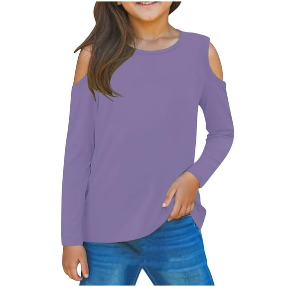 Jalioing Girls Long Sleeve Shirts Crew Neck Cold Shoulder Fashion Cute Blouses Kids Summer Trendy Tunic Tops