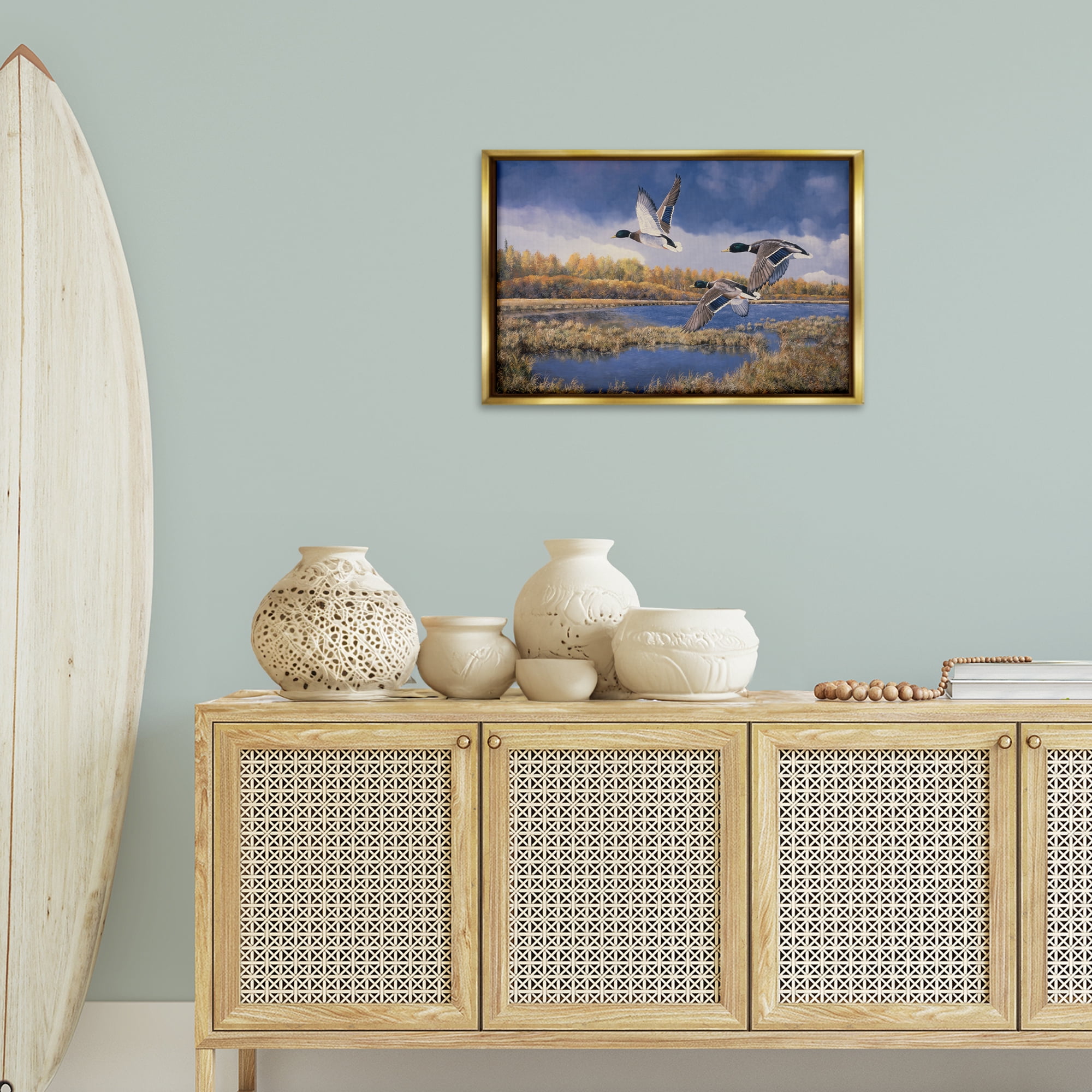 Stupell Industries Ducks Heading South Landscape & Nature Painting Gold Floater Framed Canvas Art Print Wall Art, 25 x 17