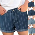 thumbnail image 2 of Qingpeng Womens Jean Shorts High Waisted Striped Printed Stretchy Button Rolled Cuff Denim Shorts Casual Summer Shorts with Pockets, 2 of 7