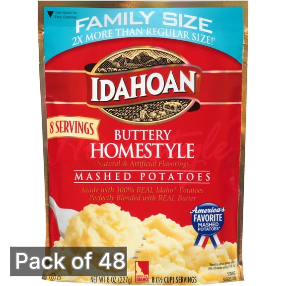 Idahoan Mashed Potatoes, Buttery Homestyle Family Size 8 oz Pouch (Pack of 48)