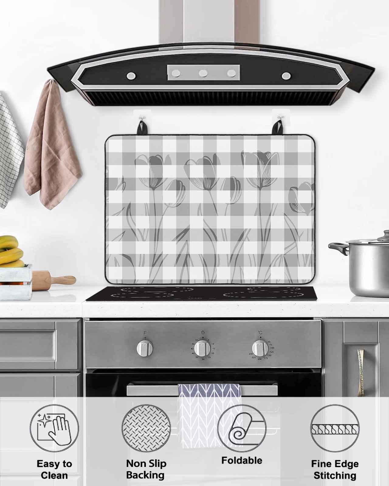 nqOlkjepod Large Induction Cooktop Protector Mat 24"x21", Grey Flower Stove Top Covers for Electric Stove, Elegant Plaid Floral Lattice Botanical Stove Burner Cover Mats, Glass Top Stove Cover
