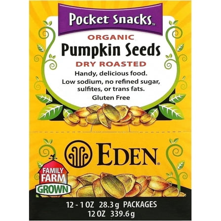 Eden Foods, Organic, Pocket Snacks, Pumpkin Seeds, Dry Roasted, 12 Packages, 1 oz (28.3 g) Pack of 2