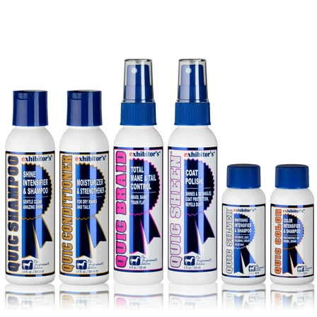 exhibitor's: Quic Color Sampler Kit | Quic Shampoo (3.4 Oz), Quic Conditioner (3.4 Oz), Quic Braid (3.4 Oz), Quic Sheen (3.4 Oz), Quic Silver (2 Oz), and Quic Color (2 Oz)