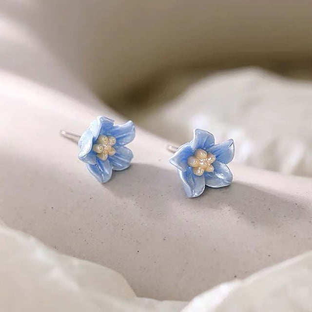 Blue Camellia Earrings For Women Spring And Summer Flower Small Temperament Earrings