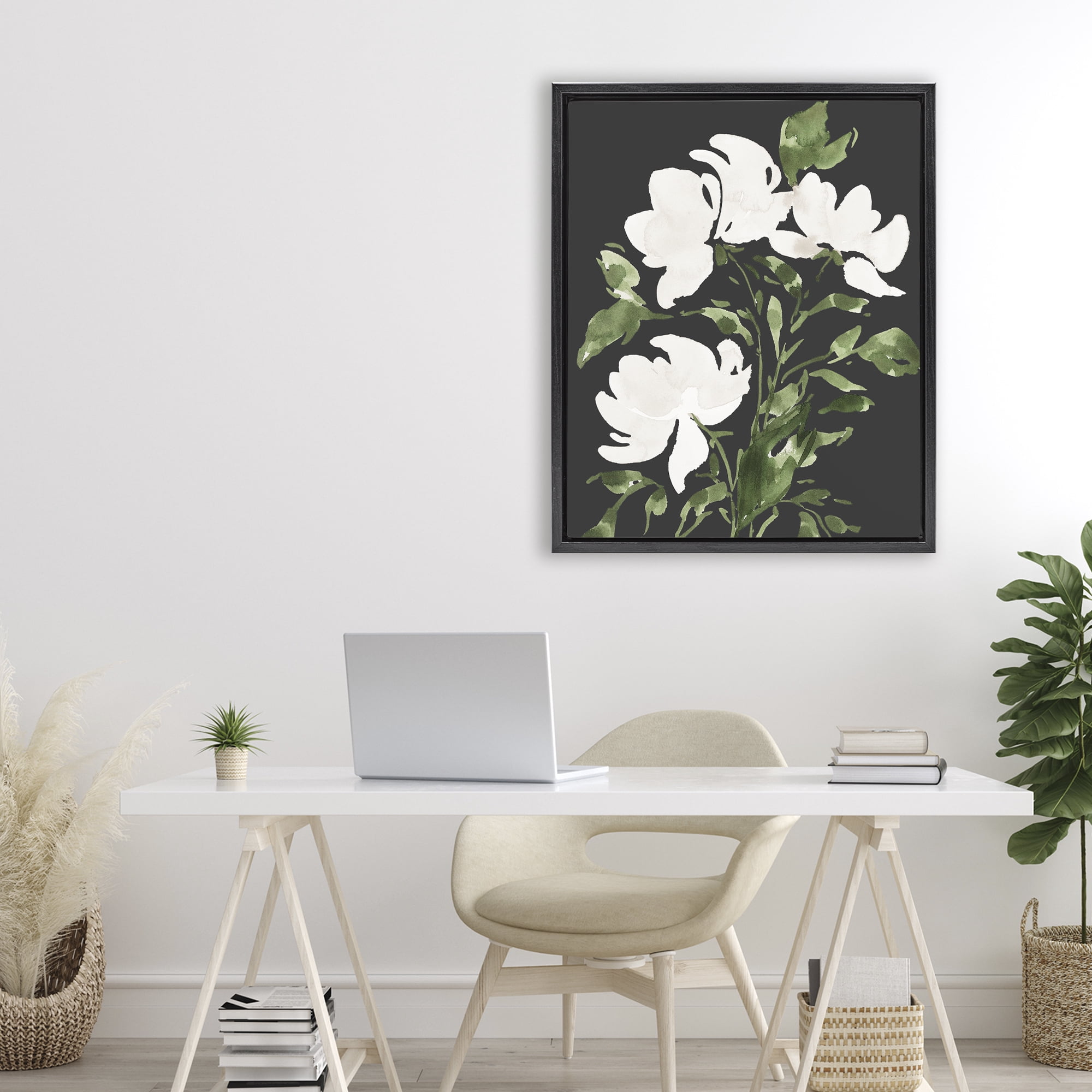 Stupell Industries White Over Black Floral Black Framed Floater Canvas Wall Art, design by Lucille Price